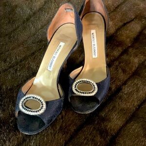 Manolo Blahnik Black with SWAROVSKI crystal embellishments, Peep Toe Heels. S-8